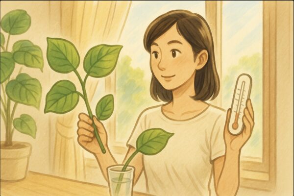 日本人女性が窓辺でウンベラータの枝を手に持ち、外の初夏の日差しと気温計(※数値なし)を見比べながら、挿し木の時期を確認している場面。5〜7月の暖かい雰囲気。動作が分かる構図。
