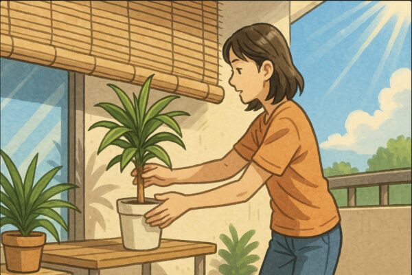 日本人女性がベランダでドラセナの鉢をすだれの下に移動させ、日差しを避けるように位置を調整している。夏の日差しが明るく差し込む場面。