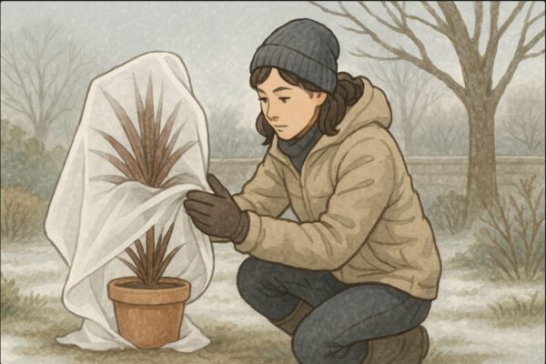 日本人女性がドラセナを寒冷紗で覆い、防寒対策をしている場面。背景は冬の庭で、霜が降りそうな空気感。寒冷紗を丁寧にかける「動作」を強調。