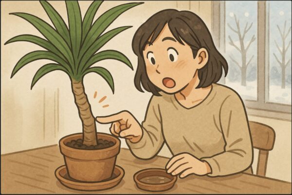 日本人女性がドラセナの幹を指で軽く押し、柔らかく沈む様子を確認して驚いている。鉢の近くに受け皿の水が残っており、湿った土が見える。背景に窓際の寒い冬の景色。
