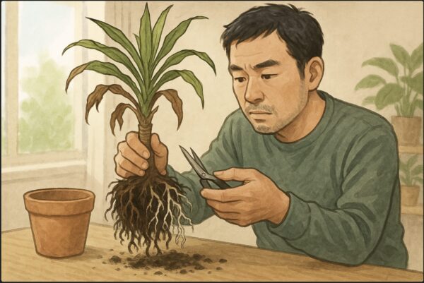 日本人男性が鉢からドラセナを抜き、根の状態を確認している。黒く傷んだ根と白く健康な根の違いが見えるようなアングル。明るい屋内の作業スペース。