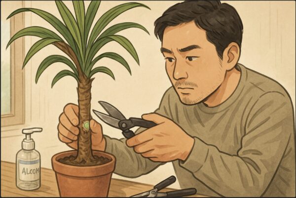 日本人男性が剪定バサミを手に、ドラセナの幹を少しカットして内部の色を確認している。幹の断面に緑色の部分が見えており、慎重な表情。作業台に清潔なハサミとアルコールボトルが置かれている。