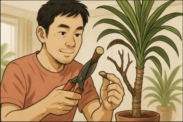 日本人男性が剪定ばさみでドラセナの茶色く枯れた枝を切り戻し、断面の色を確認している。切り口がみずみずしい部分と枯れた部分の対比がわかる構図。