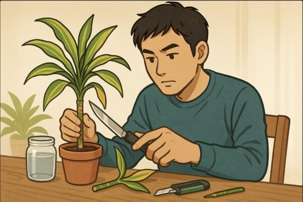 日本人男性が清潔なナイフでドラセナの幹を切り、挿し木を準備している。机の上にカッターや瓶、水、挿し穂が整然と並ぶ。真剣な表情で作業中。