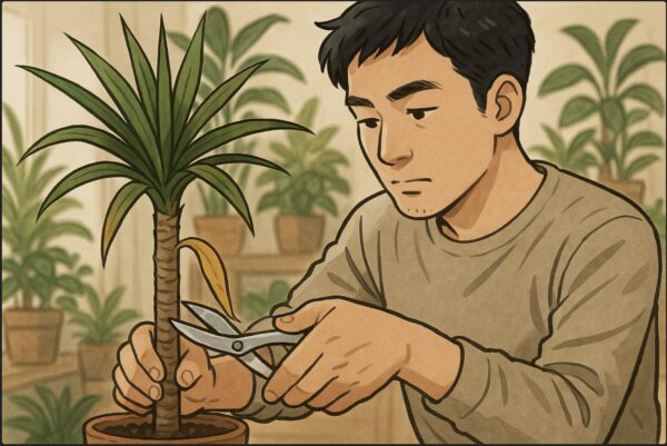 日本人男性が清潔な園芸用ハサミで、ドラセナの枯れた下葉を幹の付け根近くから丁寧にカットしている。切り口がよく見える構図で、背景は室内の観葉植物コーナー。