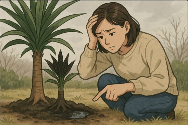 日本人女性が地植えされたドラセナの根元を触り、土の湿り気を確かめながら困った表情をしている。背景に曇り空と冬枯れの庭。根元が少し黒ずみ、水たまりがある。