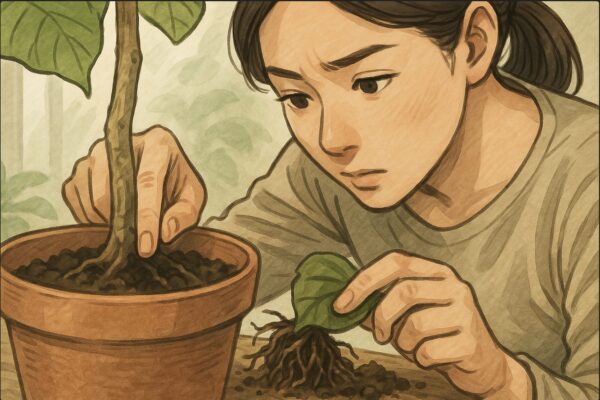 日本人女性がウンベラータの鉢から土を少し掘り返し、指で湿り具合を直接確認しているアップ寄りのシーン。横に取り出した傷んだ根が見え、真剣な表情で覗き込む構図。