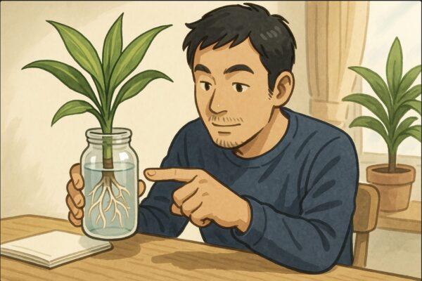 日本人男性が透明な瓶の中のドラセナの根を指で指し示しながら、成長の度合いを確認している。机の上にメモ帳と鉢が置かれ、観察作業の雰囲気。