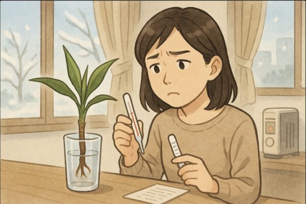 日本人女性が室内のドラセナ挿し木を見ながら、温度計を手にして困った表情をしている。背景には寒そうな窓の外（冬の景色）と暖房器具。発根が進まない状況を確認するシーン。