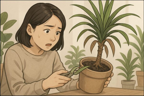 日本人女性がドラセナの鉢を傾けて根元を観察し、異臭のする湿った土を見つめている。表情に少し驚きと気づき、周囲に他の観葉植物も配置。