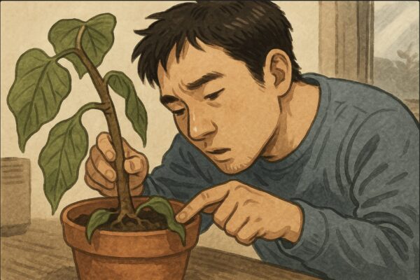 日本人男性がウンベラータの鉢の根元に顔を近づけて臭いを確認しつつ、片手で幹の根元を軽く押してブヨブヨ具合を確かめている描写。周囲に湿った土の質感が分かる。