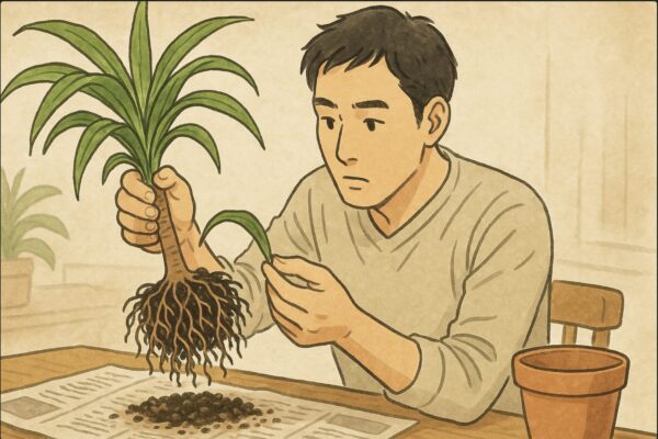 日本人男性が鉢からドラセナを丁寧に持ち上げ、根の状態を観察している。黒ずんだ根と健康な根の違いが分かるような構図。背景に新聞紙を敷いた作業台。