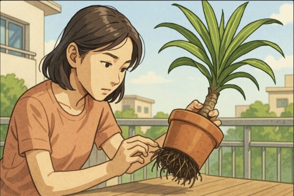 日本人女性が自宅のベランダで、ドラセナの鉢を傾けて根の状態を確認している。根の先が黒ずんでいないか慎重に観察している様子。晴れた日中の自然光。