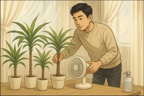 日本人男性がサーキュレーターを調整しながら、複数のドラセナ鉢を壁から少し離して並べている。カーテン越しの光が差し込み、部屋全体に空気が流れている様子。植物が風に軽く揺れる。