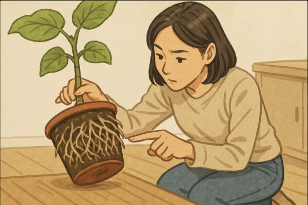 日本人女性が鉢を横に倒し、鉢底から出てきた根を指で示しながら確認している。根詰まりの状態がわかるように根が密集している描写。