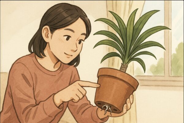 日本人女性が鉢底から突き出した根を確認するためにドラセナの鉢を少し持ち上げ、底の状態を覗き込んでいる。片手で鉢を支え、もう片手で根を指し示す明確な動作。植え替え判断の場面。