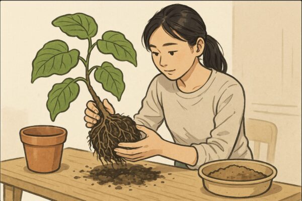 日本人女性が作業テーブルの上で、鉢から抜いたウンベラータの根鉢を両手で持ち、固まった根をほぐしているシーン。横には新しい鉢と新しい用土が置かれている。