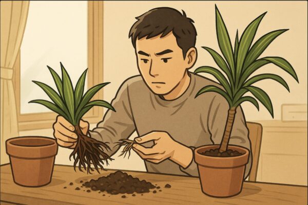日本人男性がテーブルの上でドラセナの植え替え作業中。古い鉢から抜き出した根を軽くほぐし、新しい鉢と新しい土を用意している。明るい室内で集中した表情。