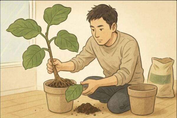 屋内で、日本人男性がウンベラータを植え替えるために鉢からそっと引き抜き、絡まった根の状態を両手で広げて確認している場面。横に新しい鉢と土の袋が置かれている。
