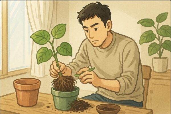 日本人男性がウンベラータを鉢から抜き、古い土を落としながら根の状態をチェックし、新しい鉢の準備をしている。植え替え作業中の具体的な動作。