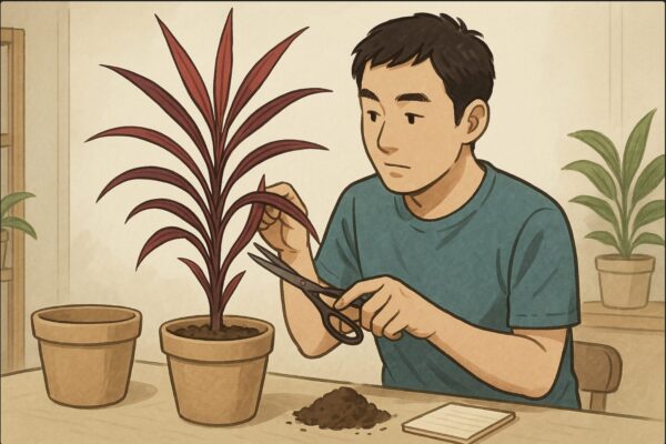 日本人男性が赤いドラセナの伸びた茎をハサミで軽く持ち上げ、剪定する位置を確認している。横には新しい鉢と土が準備されており、「植え替え・剪定の具体的アクション」が一目で分かる構図。