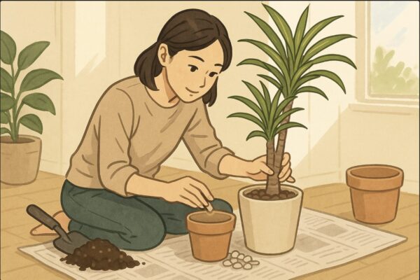 日本人女性が床に新聞紙を敷いて、ドラセナの植え替え作業をしている。鉢の底に鉢底石を丁寧に敷き詰め、新しい土を入れる動作。清潔で自然光の入る室内。