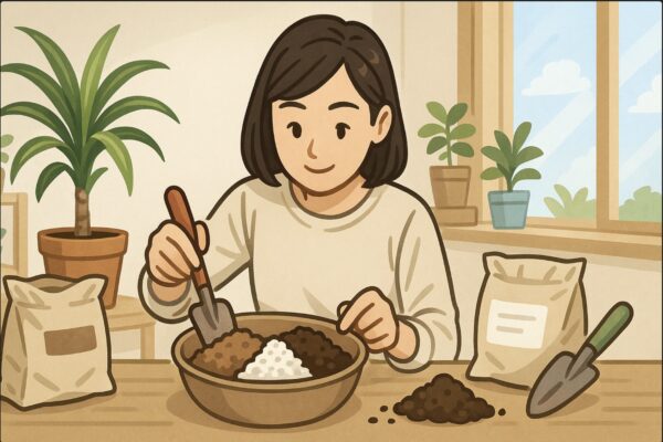 日本人女性が作業テーブルでドラセナの植え替え用の土を調合している。赤玉土やパーライトなどを混ぜながらバランスを考える様子。明るい室内、植物や園芸用品が整然と並ぶ。