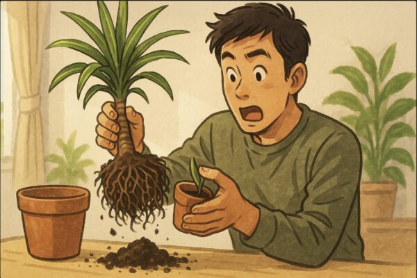 日本人男性がドラセナを鉢から少し引き抜き、密集した根を観察して驚いた表情をしている。土がこぼれ、根が詰まった様子がわかる構図。