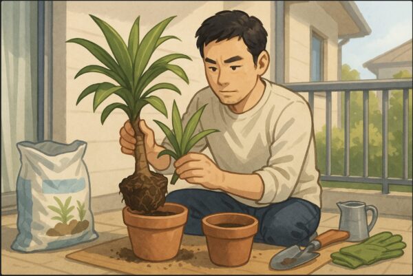 日本人男性がベランダで鉢からドラセナを優しく抜き、新しい鉢に土を入れて植え替え作業をしている。周囲に園芸用具や土袋が並び、真剣な表情。