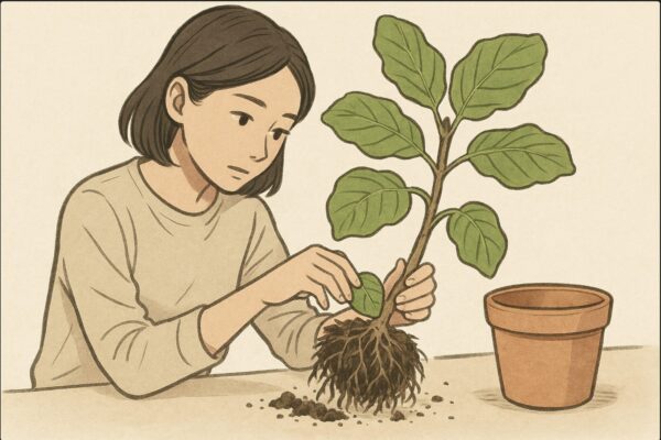 日本人女性が鉢から丁寧にウンベラータを抜き取り、根の状態を観察しながら古い土を軽くほぐしている場面。具体的な手順動作が明確。