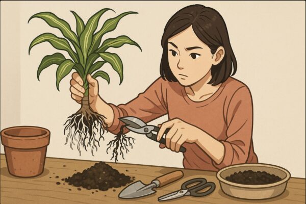 日本人女性がドラセナを鉢から抜き、根の状態（白い健康な根・黒ずんだ根）を見比べながら、傷んだ根をハサミで切ろうとしている場面。道具が整然と置かれ、作業中の動作が明確にわかる構図。