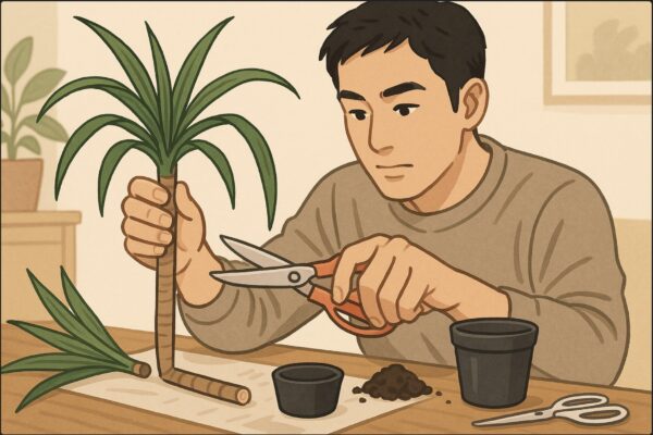 日本人男性がドラセナ・コンシンネの幹を清潔な園芸バサミで水平にカットしている瞬間の動作。テーブルの上には消毒済みのハサミ、挿し木用の小さなポット、観葉植物用の土が用意されている。切り取った上部のドラセナを横に置き、これから挿し木にする手順がわかるように並べている。