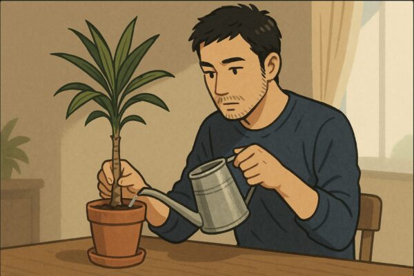 日本人男性が植え替えたばかりのドラセナ鉢に、ジョウロで慎重に水を与えている。鉢の下に受け皿、背景にやや明るい日陰の室内。静かな集中感のあるシーン。