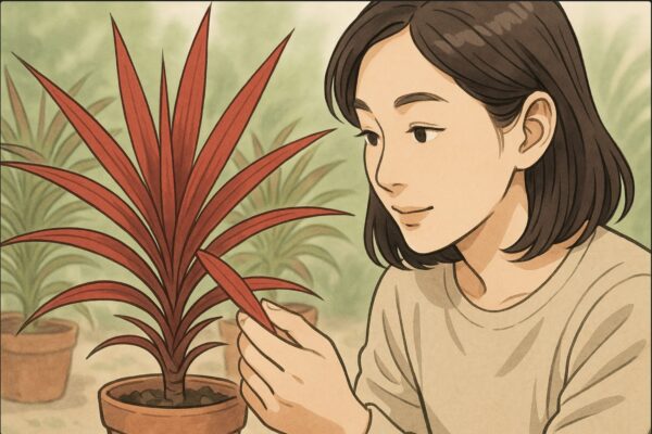 日本人女性がドラセナの葉を片手で持ち上げ、色味や形を近距離で観察しているアップ場面。周囲に他品種がぼんやり並び、違いを見極めようとしている。