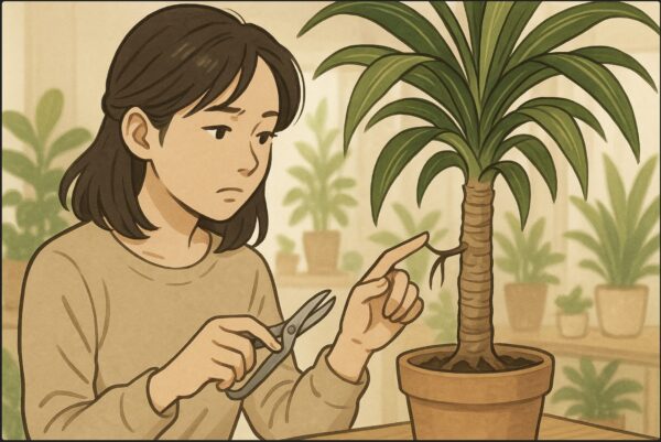 日本人女性が幹から伸びたドラセナの気根を指で優しく触り、ハサミを持って処理するか考えている。背景は明るい室内の観葉植物コーナー。