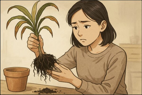 日本人女性が鉢からドラセナを軽く持ち上げ、根の状態を確認している。黒ずんだ根を見つめ、少し困った表情。背景に作業台と新しい植木鉢。