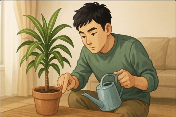 日本人男性がドラセナの鉢の土に指を差し込み、乾き具合を慎重に確認している。片手にはジョウロを持ち、与える前の判断をしている動作が明確。周囲は室内の落ち着いた環境。