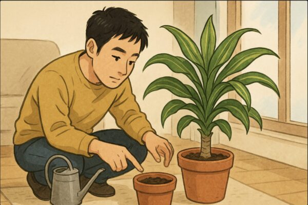 日本人男性がドラセナの鉢にしゃがみ込み、指先で土を触って乾燥具合を確認している。近くにはジョウロが置かれ、土の表面を慎重にチェックする場面。水やりのメリハリを意識した動作。