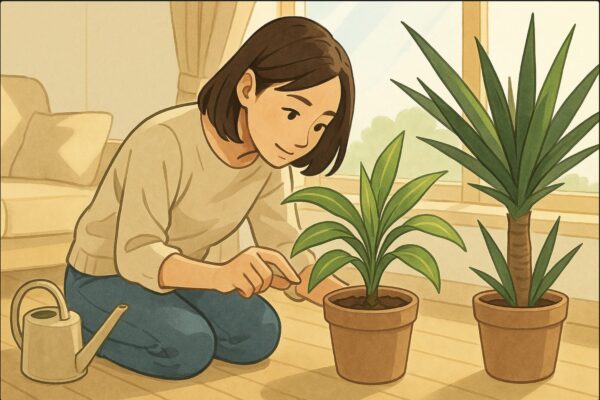 日本人女性がドラセナの鉢にしゃがみ込み、指先で土の乾き具合を確かめている。傍らにジョウロを置き、慎重に水やりのタイミングを見極める様子。明るい日差しが差し込む室内。