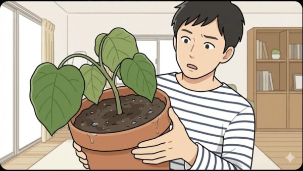 日本人男性が鉢を持ち上げて重さを確認しつつ、垂れ下がったウンベラータの葉を見て戸惑っているシーン。湿った土の状態が伝わるアングル。