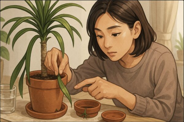 日本人女性がドラセナ・コンシンネの鉢の土に指を第二関節まで差し込み、同時に鉢を少し持ち上げて重さを確かめている動き。足元付近には受け皿に溜まった水と、根が鉢底穴から少し出ている様子が見えるように配置し、「乾燥」「過湿」「根詰まり」を一度に観察している場面を一枚にまとめる。