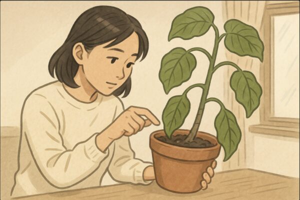 日本人女性がウンベラータの鉢を持ち上げ、軽さを確かめたり、指で土に触れて乾燥状態をチェックしている場面。しおれた葉が下を向いている様子。