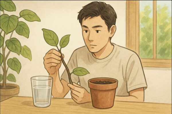 日本人男性が机の上に「水差し用の透明コップ」と「土挿し用の鉢」を並べ、ウンベラータの挿し穂を手に持ちながらどちらに挿すか比較検討している場面。動作と比較を明確に見せる構図。