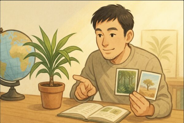 日本人男性が地球儀を前に、熱帯の森と乾燥地帯の風景写真を見比べながら、ドラセナの鉢を指差している。背景には植物図鑑が開かれている。温暖なイメージの光。