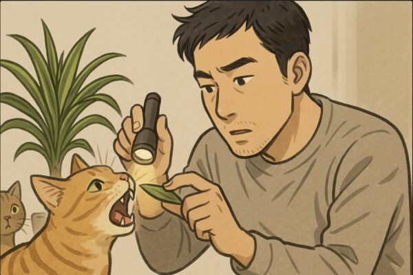 日本人男性が猫の口元を優しく開けて、葉の破片が残っていないかチェックする場面。片手はライトを照らして口内を確認し、もう片手で猫の頭を支える動作。背後にはドラセナが置かれている。