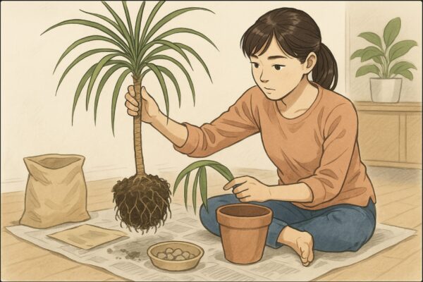 日本人女性が床に新聞紙やビニールシートを敷き、その上でドラセナ・コンシンネの鉢を作業台のように置き、植え替え前の根鉢を確認している。片手で鉢から引き出したドラセナを支え、もう片手で新しい鉢や観葉植物用の土・鉢底石を手前に並べて手順を整理している動作。作業感がわかる角度。