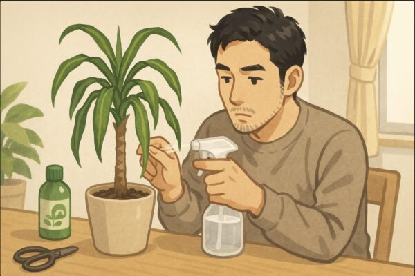 日本人男性が植え替え後のドラセナを前に、スプレーボトルで葉に霧吹きをしている。机上にはメネデールのボトルや園芸ハサミが置かれ、落ち着いた雰囲気の室内。