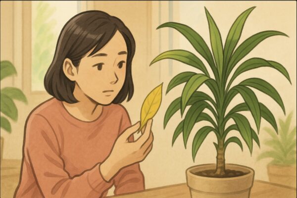 日本人女性がドラセナの鉢を前に、指先で黄色くなった葉を持ち上げて観察している。健康な緑の葉と黄色い葉が対比的に描かれている。窓から柔らかい光が差し込み、穏やかな室内。