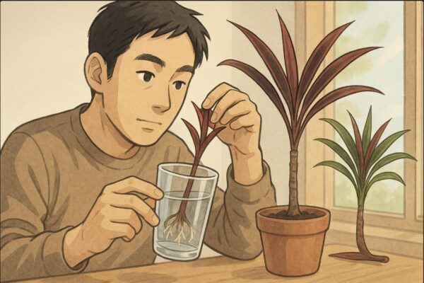 日本人男性が透明なガラスのコップに挿したドラセナの穂先を手前に持ち上げ、根が伸び始めた部分を目視で確認している。水を交換するためにコップを傾ける仕草が含まれ、管理の様子が具体的。