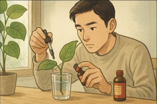 日本人男性が発根促進剤（メネデールに類する無名の液体容器）をスポイトで数滴だけ水の入ったガラスコップへ慎重に注ぎ、希釈量を確認しながらウンベラータの挿し穂を見守っている場面。動作を明確に表現。